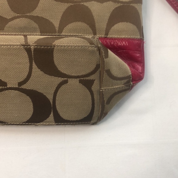 Coach Khaki Signature Stripe Patent Shoulder Tote Red Bag Handbag 12429 - Picture 6 of 16